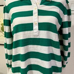 LOFT Striped Puff Sleeve Rugby Polo Shirt - Green & White